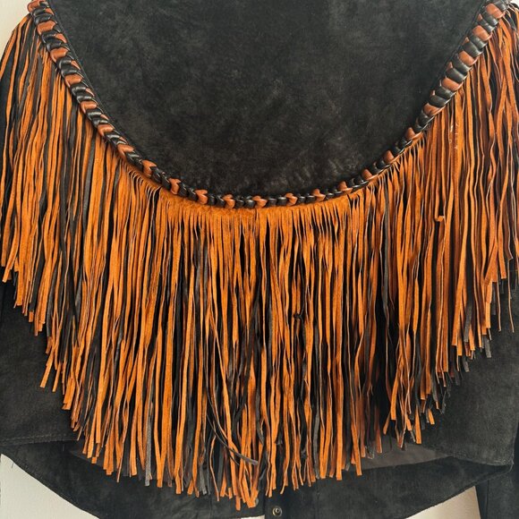 Vintage Diamond Leather Cropped Fringe Black Brown Suede Jacket L - Picture 5 of 12